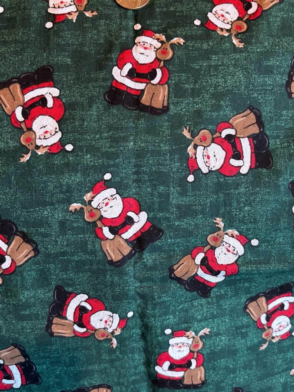 Vintage Christmas  Dark Green with Santa Reindeer Cotton Fabric 36”x44” New
